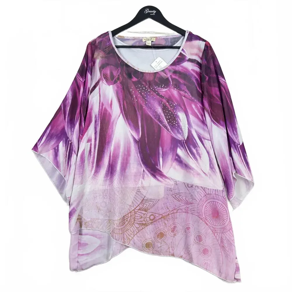 One World Women's Purple Floral Tunic Top‎ with Sequin Detail Size L w/ Liner - Picture 2 of 9